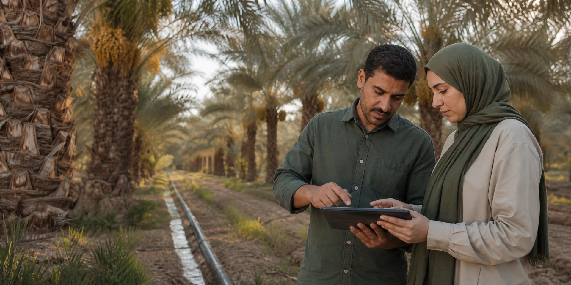 Egyptian agronomists reviewing palm-farm observations on a tablet beside irrigation infrastructure.