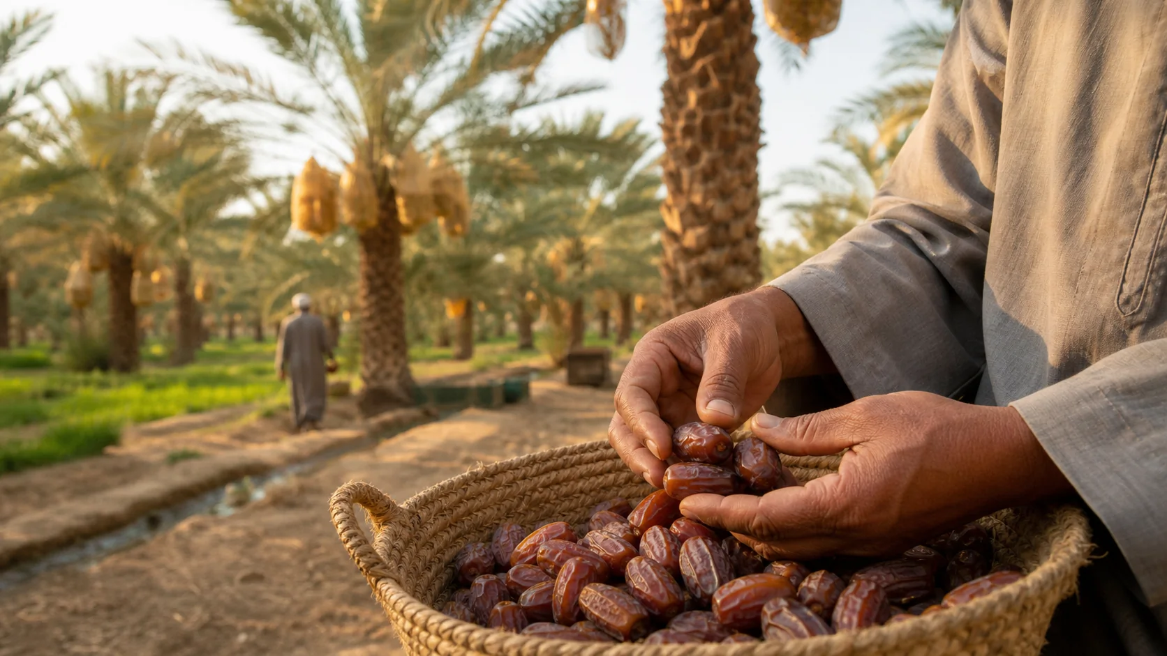 فحص ثمار التمر يدويًا داخل مزرعة نخيل.