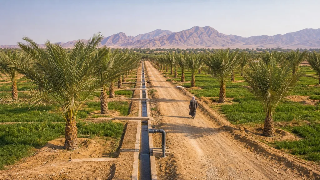 Palm rows and irrigation infrastructure in a developing farm.